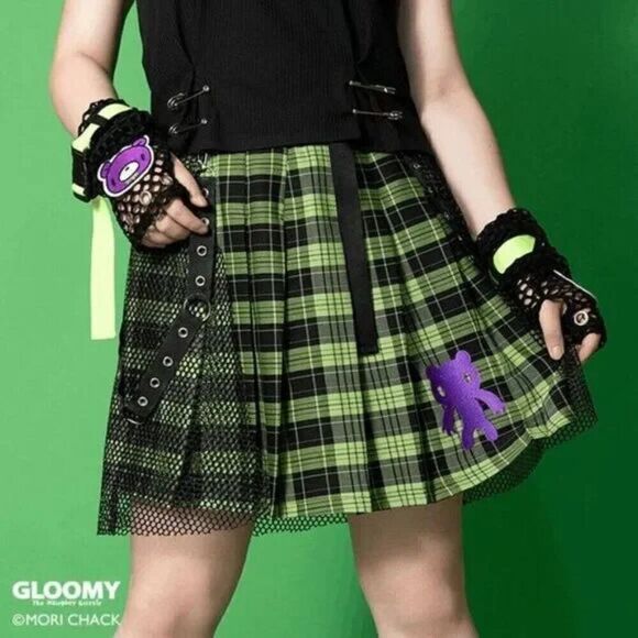 Gloomy Bear Emo Punk Rave Green and Black Mesh Utility Skirt Size M - Picture 1 of 3